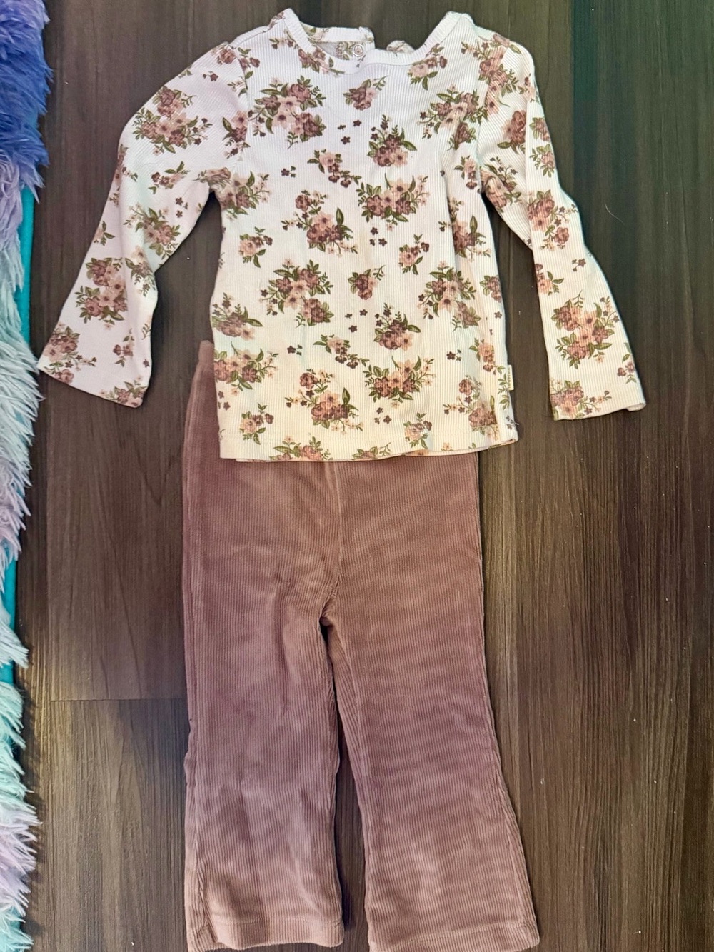 Girls Floral Long-Sleeve Top & Mauve Corduroy Pants Matching Set